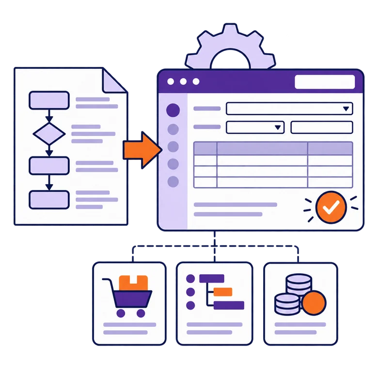Business requirements mapped into connected Odoo workflows and management reporting.