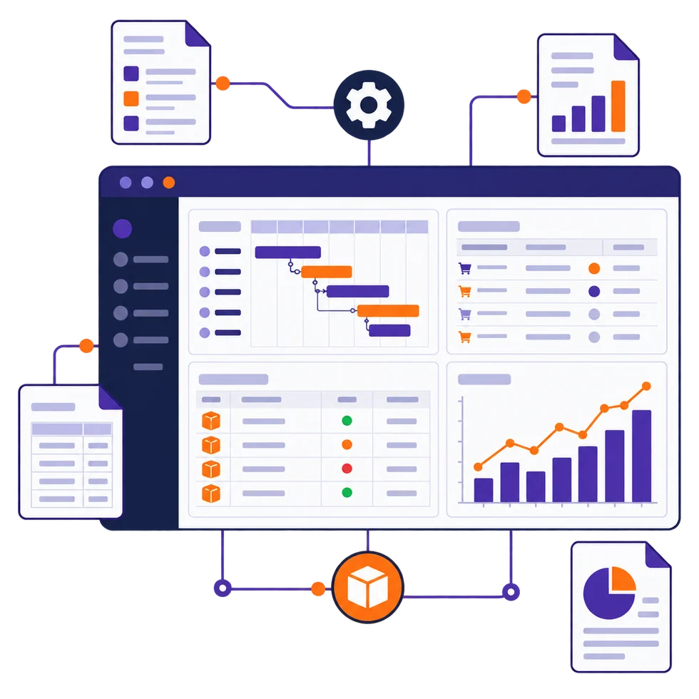 Integrated ERP dashboard connecting sales, projects, purchasing and reporting workflows.