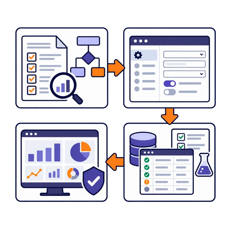 Requirements, configuration, testing and reporting stages in a structured ERP implementation.