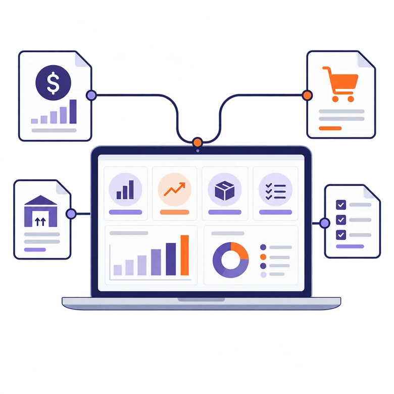 Finance, sales, inventory and reporting workflows connected through a shared ERP dashboard.
