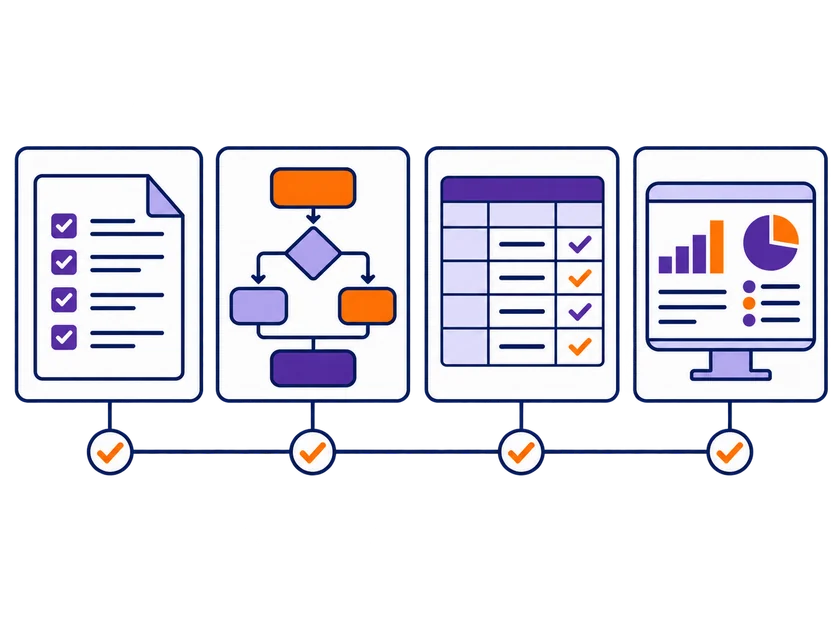Stage-gated ERP implementation process with analysis, configuration, testing and training.
