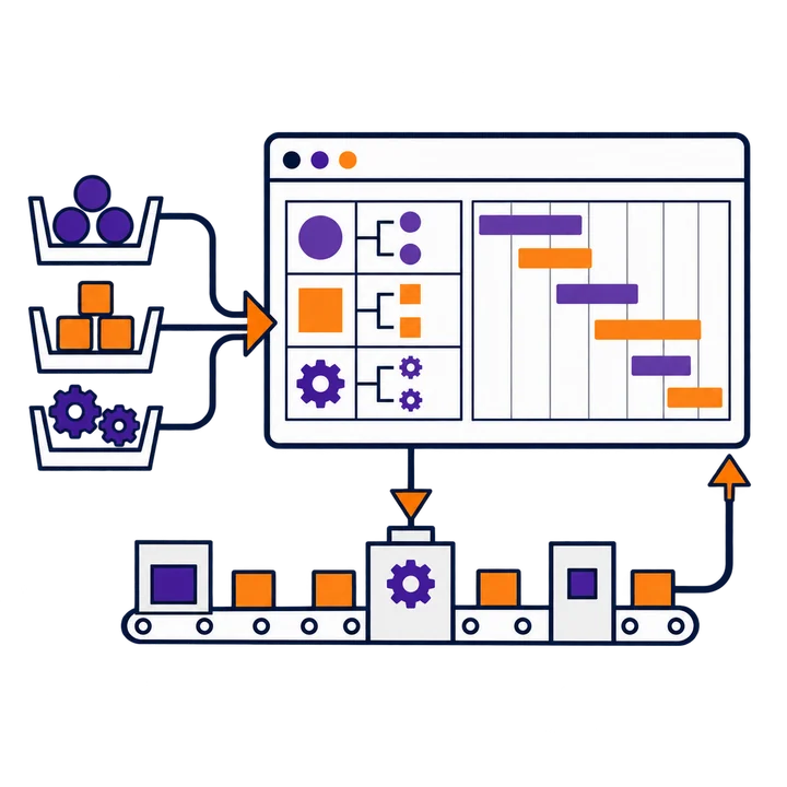 Production planning, materials and factory operations connected through ERP.