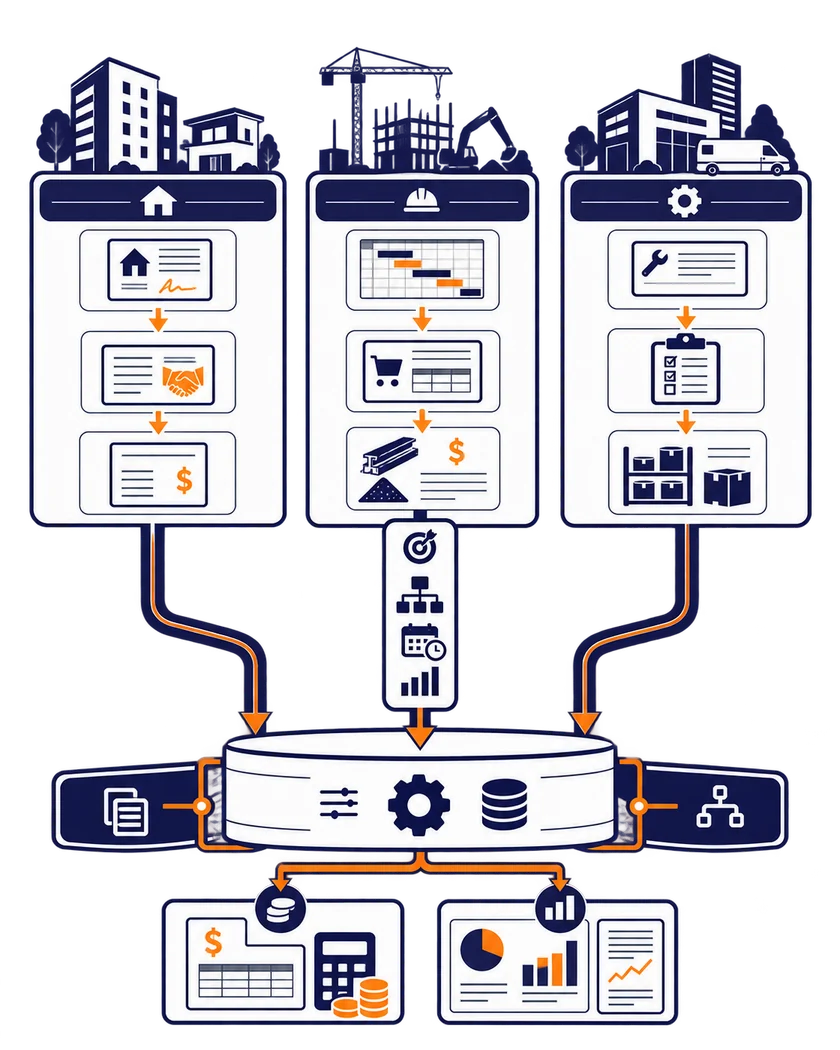 Real estate, construction and service workflows connected to finance and reporting.