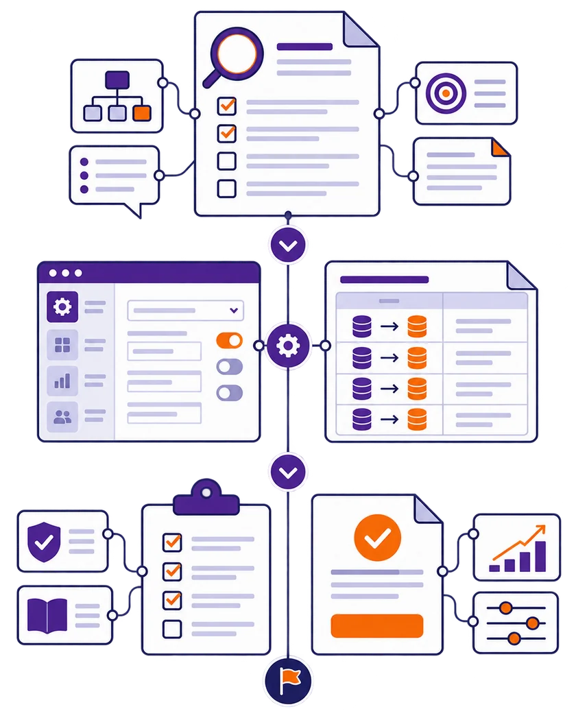 Sequential ERP implementation stages from analysis and configuration to testing and go-live.