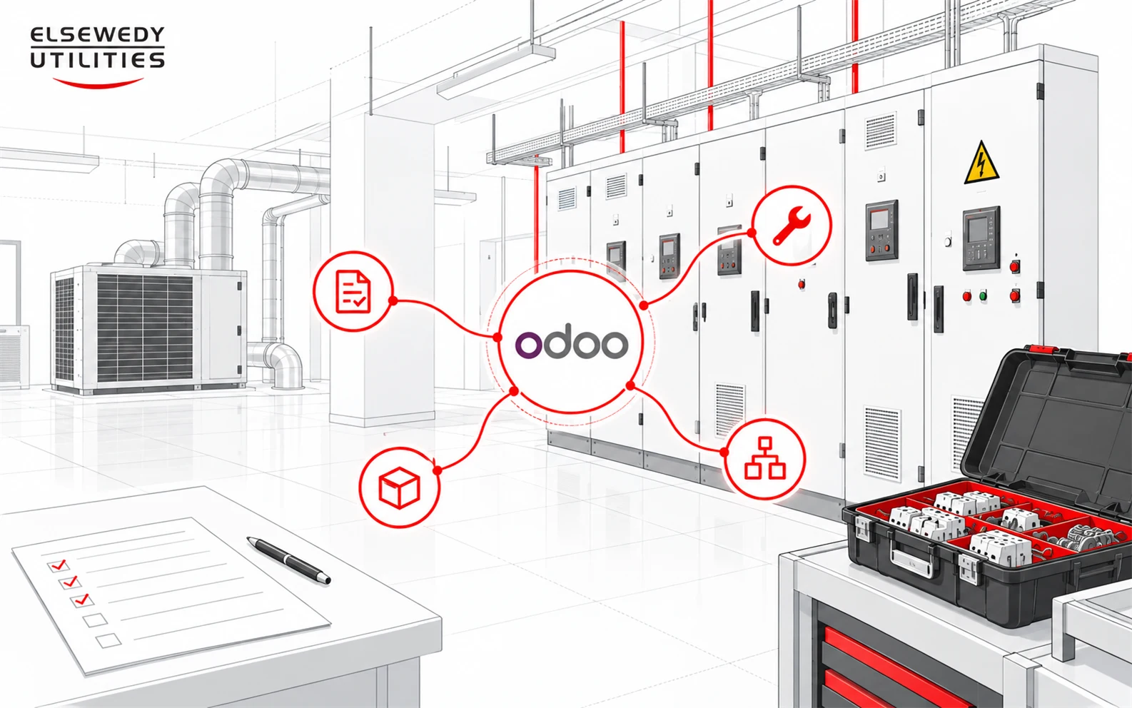 Elsewedy Utilities illustration of technical equipment with Odoo linking service requests, maintenance and parts.