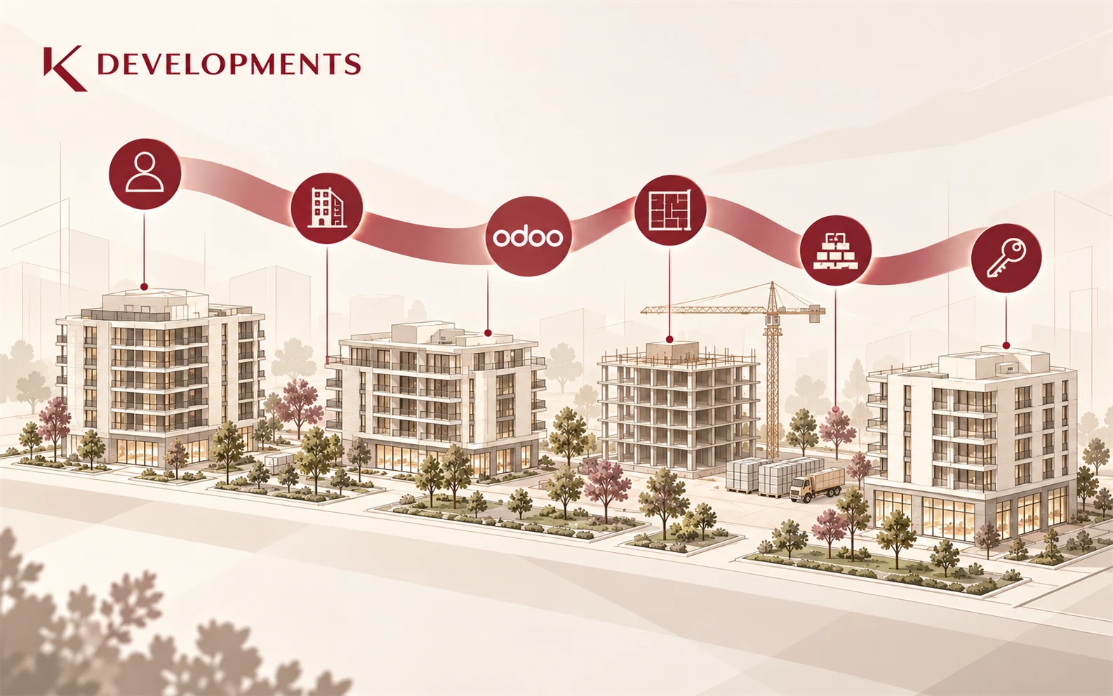 K Developments illustration linking real estate sales through Odoo to construction, materials and handover.