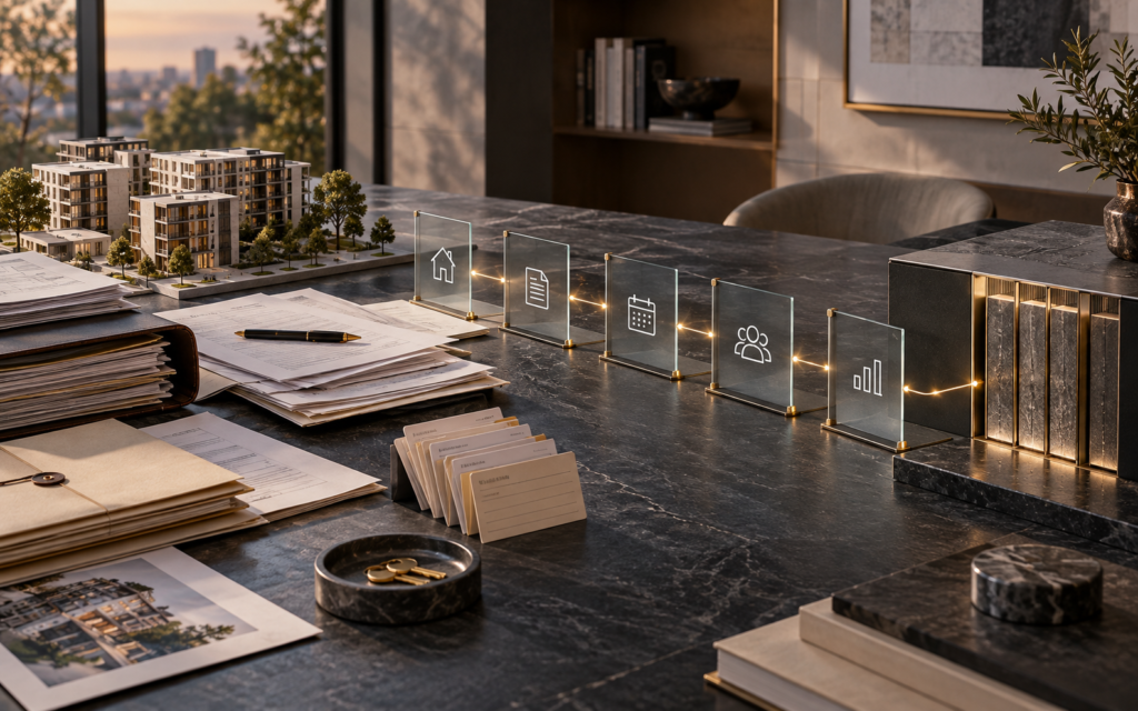 Real estate property, contract, payment, and customer records moving through a governed ERP migration pathway