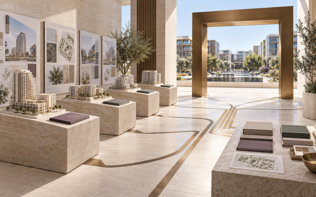Architectural proposals on stone plinths with converging paths leading through a bronze selection gate toward a completed real estate development