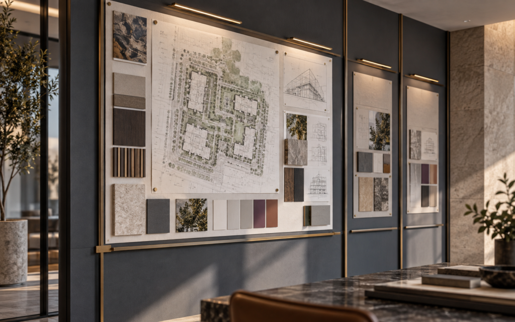 Real estate implementation planning wall with a defined current scope and prepared expansion sections