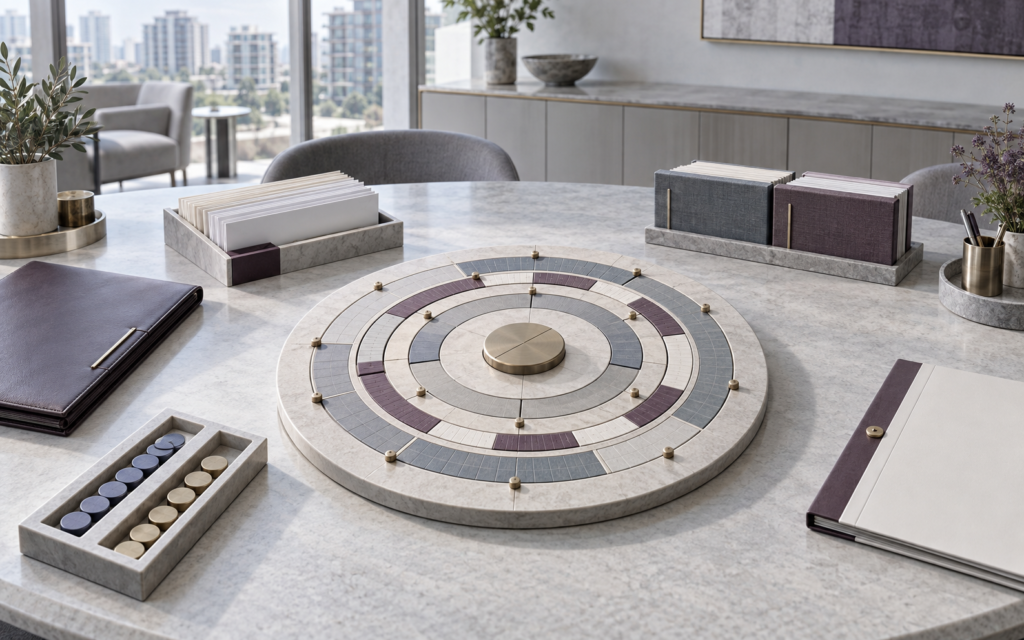 Real estate ERP installment management represented by a circular payment-plan control system with contract, cheque, allocation, and statement records