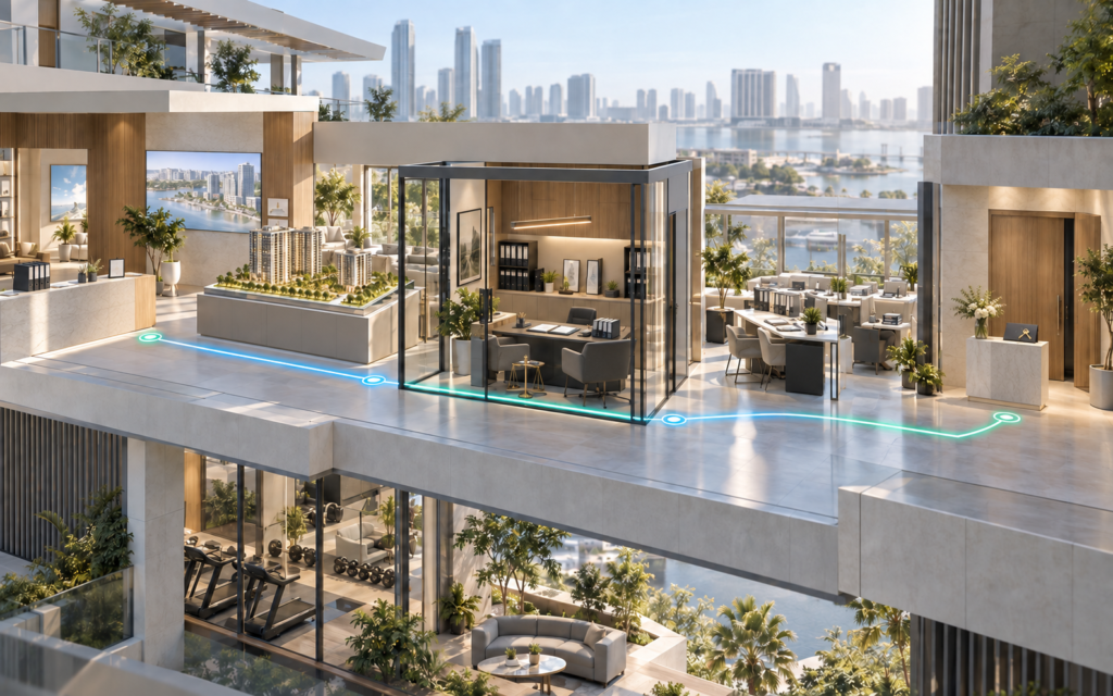 Real estate ERP workflow connecting unit selection, legal contract review, finance, service, and handover