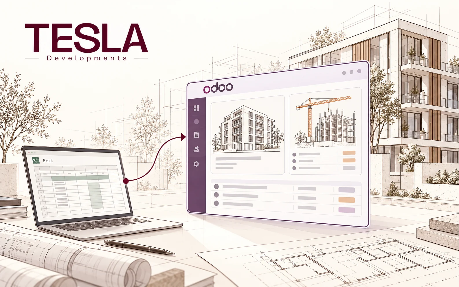 Tesla Developments illustration showing an Excel laptop connecting to Odoo beside a building elevation.
