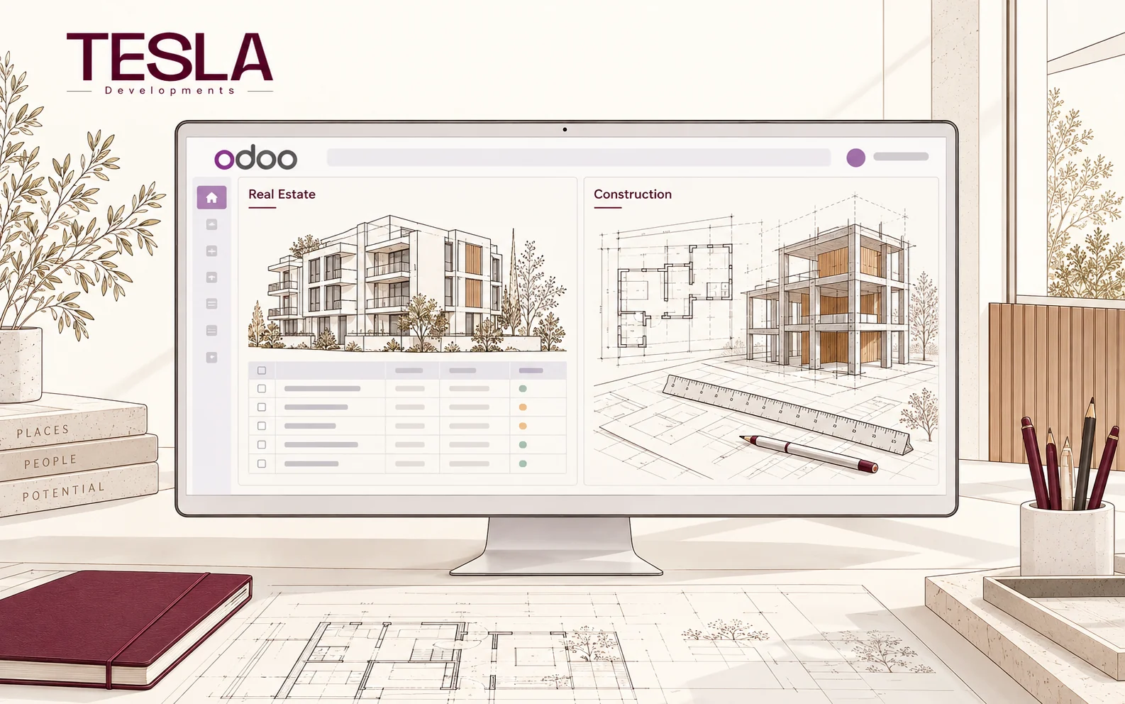 Conceptual Odoo workspace pairing property records with developer-side construction drawings for Tesla Developments.